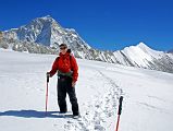 10 13 Jerome Ryan With Makalu West Face, West Pillar, Southwest Face And East Col From Glacier To West Col Jerome Ryan with Makalu West Face, Makalu West Pillar, Makalu Southwest Face and the route from the East Col to the West Col behind.